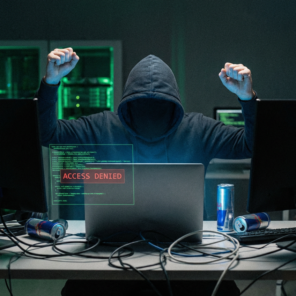 Illustration of a frustrated hacker unable to navigate a decoy-filled network