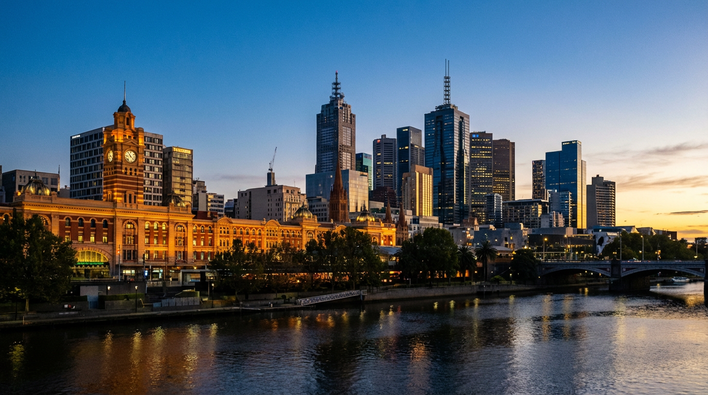 Melbourne city skyline at dusk viewed from across the Yarra River