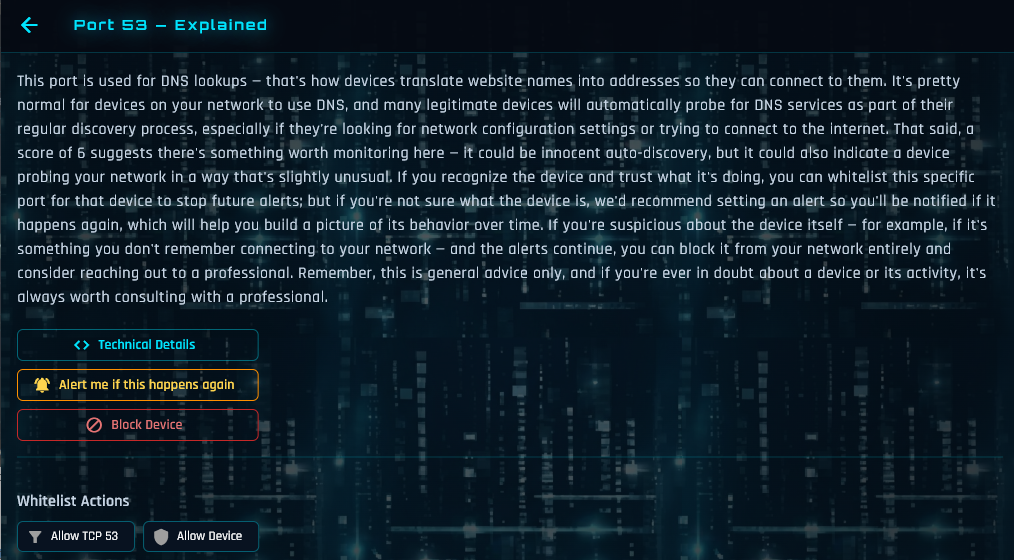 Threat analysis screen explaining Port 23 Telnet contact with actionable security advice