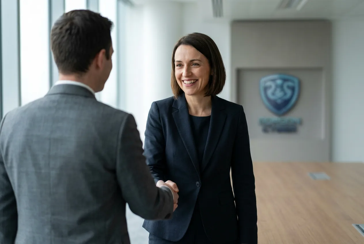 Veronica, the Gorgon Training presenter, greeting a colleague in a boardroom
