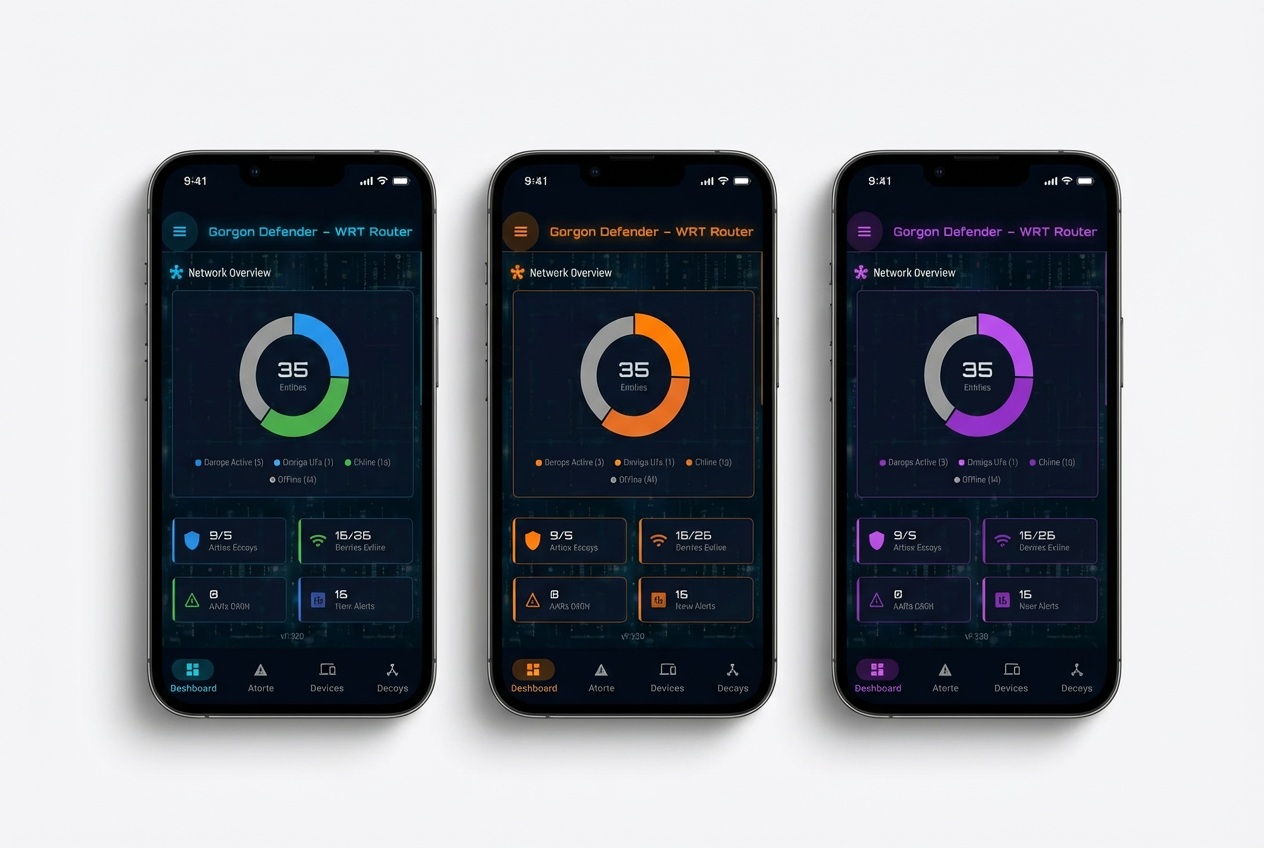 Three smartphones showing the Gorgon Defender app with different partner branding